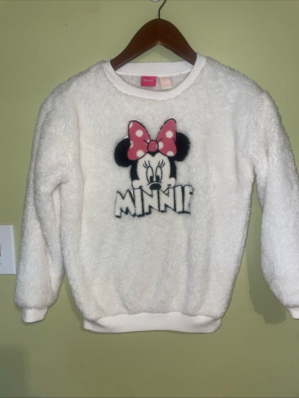 Disney Cream Fuzzy Sweatshirt with Pink Polka Dot Minnie Mouse Sz Med 9/10